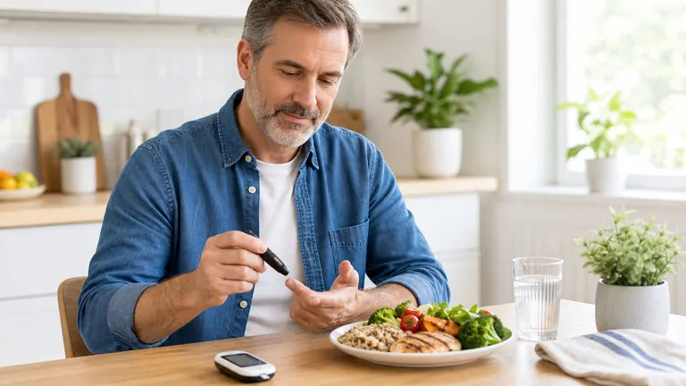 Middle-aged man checking blood sugar beside a balanced meal