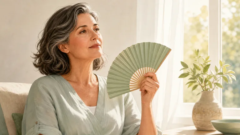 Midlife woman using a hand fan for hot flashes